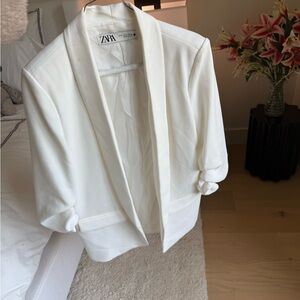 Zara White Blazer with Ruched Sleeves